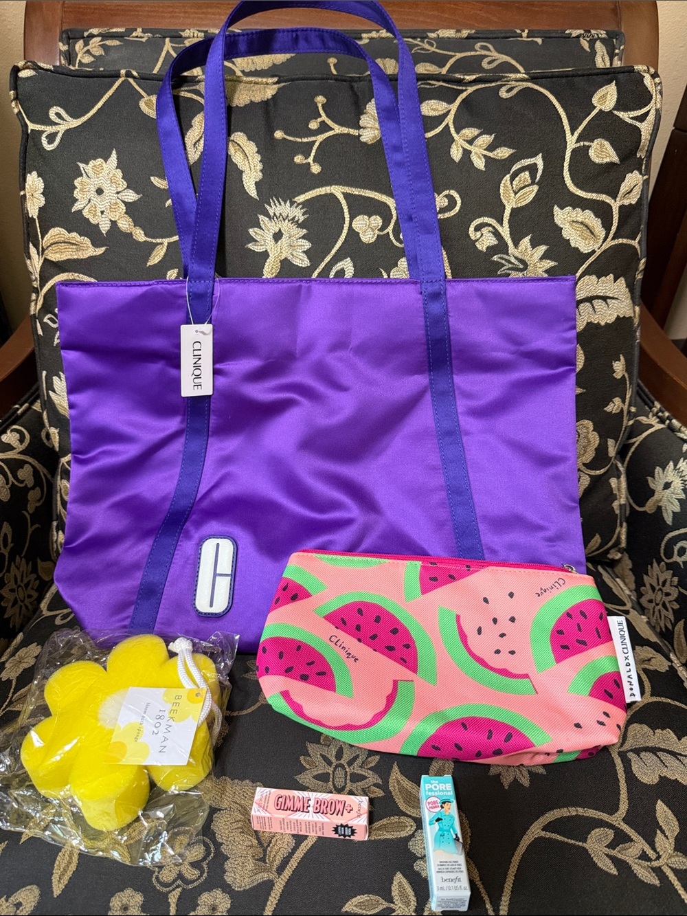 Clinique Purple Tote with Pink Watermelon Cosmetic Pouch Makeup Bundle